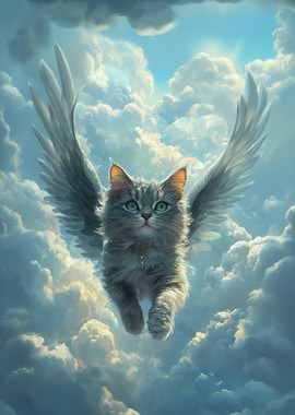 Flying Cat with Wings | Gray cat loss painting