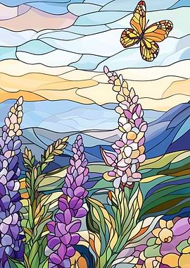 Stained Glass Butterfly & Flowers