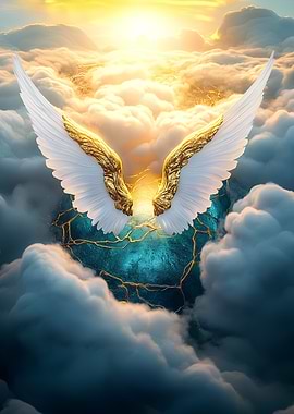 Golden Angel Wings in Clouds Kintsugi Art