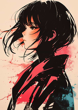 Anime Girl with Pink and Blue Splashes