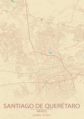 Santiago de Querétaro Mexico Vintage Style Map