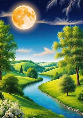 Moonlit River Landscape