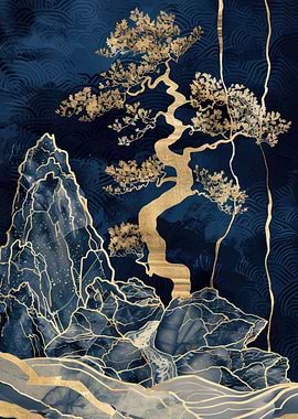 Gold & Blue Kintsugi Mountain Art