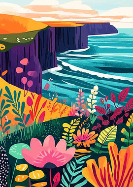 Irish Coastal Cliffs with Flowers Minimalist Art