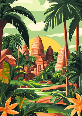 Jungle Temple Ruins Scenery Minimalist Art