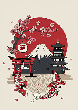 Japanese Landscape with Koi Fish