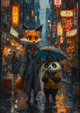 Neon Rain – Noir City Stroll 🦊🐼✨