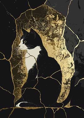 Black and White Cat in Gold