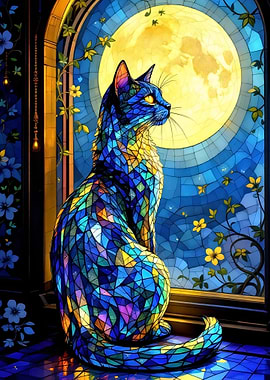 bright blue cat stained glass