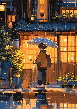 Rainy Night in Japan - Cafe cat