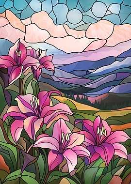 Stained Glass Mountain Landscape