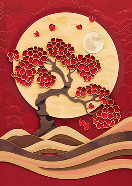 Japanese Cherry Blossom Moon 3D Kintsugi Art