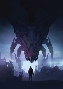 Giant Mech Over City Ruins