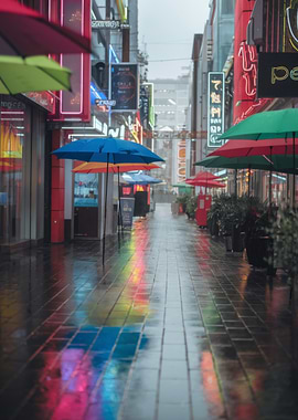 Rainy Alleyway with Umbrellas