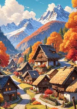 Autumn Village in Mountains
