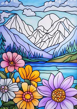 Stained Glass Mountain Landscape