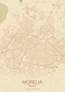 Morelia Mexico Vintage Style City Map