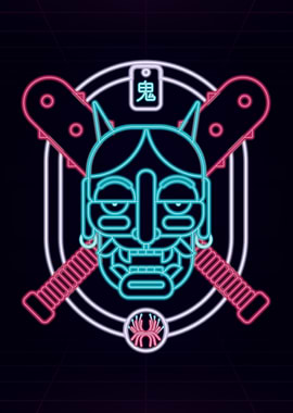 Yokai Oni Retrowave Neon line