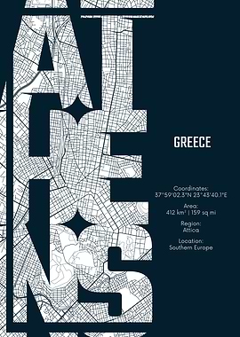 Athens City Map Typography
