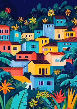 Colorful Houses of Tropical Village Minimalist Art