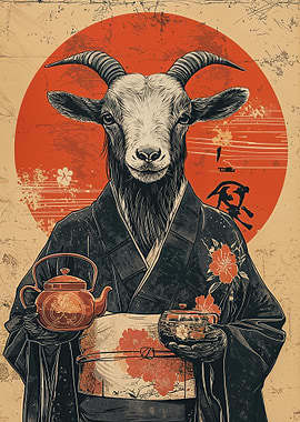Goat in Kimono with Teapot
