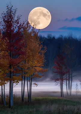 Full Moon Over Foggy Field