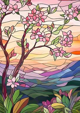 Stained Glass Sunset Landscape