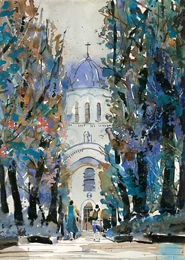 Watercolor Church Scene Kaunas Lithuania