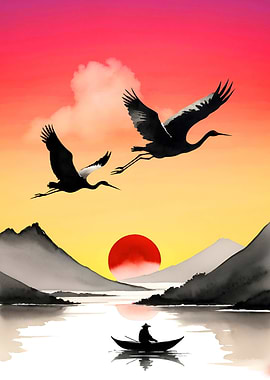 Sunrise Over the Lake with Flying Cranes