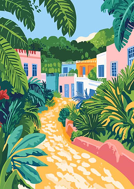 Tropical Pastel Village Path Minimalist Art