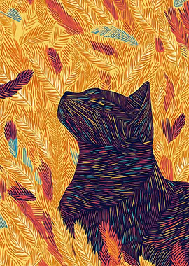 Cat in Feathers, Line Art Cat Portrait