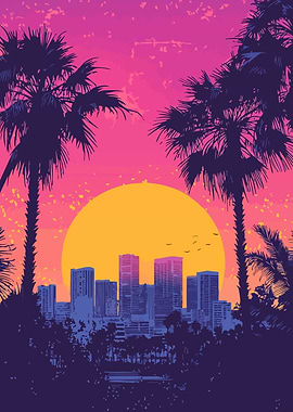 Retro Sunset Cityscape with Palm Trees