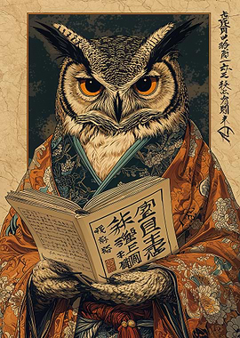 Owl in Kimono Reading