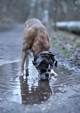 Dog Drinking from Puddle