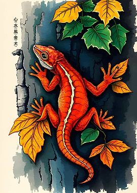 Orange Lizard on Tree Bark