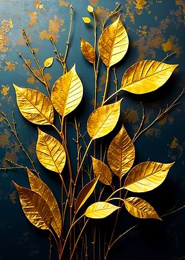 Metallic Art of Ornamental Leaves on a Deep Blue Background