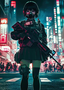 Anime Girl with Gun in Neon City