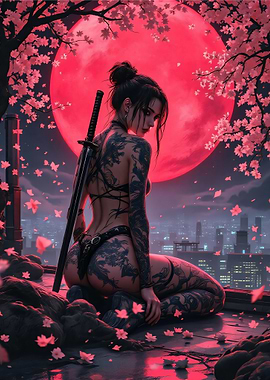 Tattooed Warrior Under Blood Moon