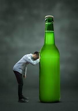 Man Leaning on Giant Beer Bottle