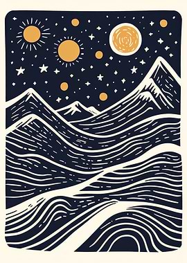 Mountain Night Sky Line Art