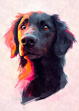 Flat-coated Retriever Watercolor Portrait