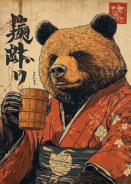 Bear in Kimono with Tea