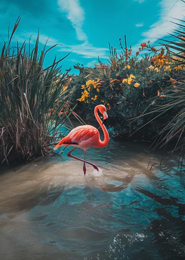 Pink Flamingo in Water