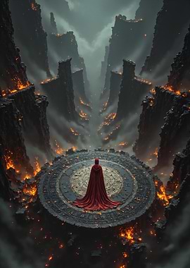 Red Cloaked Figure in a Fiery Landscape