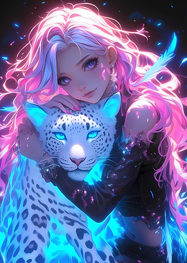 Anime Girl with White Leopard