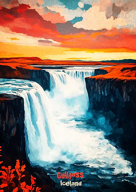 Gullfoss Waterfall Art Poster