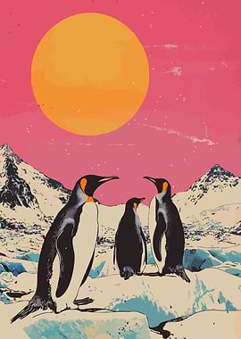 Pink Sunset Arctic Penguins Minimalist Pop Art