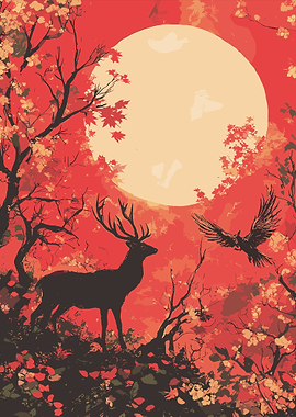 Deer and Raven Under Full Moon