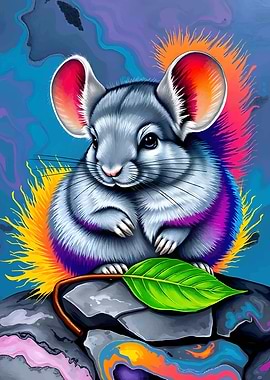 Chinchilla on Rock with Leaf