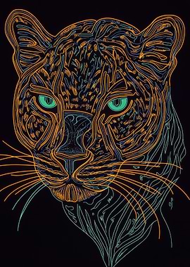 Neon Leopard Portrait, Line Art Leopard
